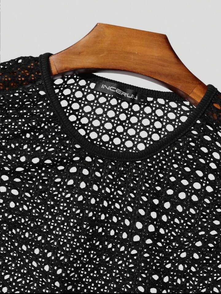 Men's O-Neck Sleeveless Pointelle Hollow Out Tank Tops Casual T-Shirt